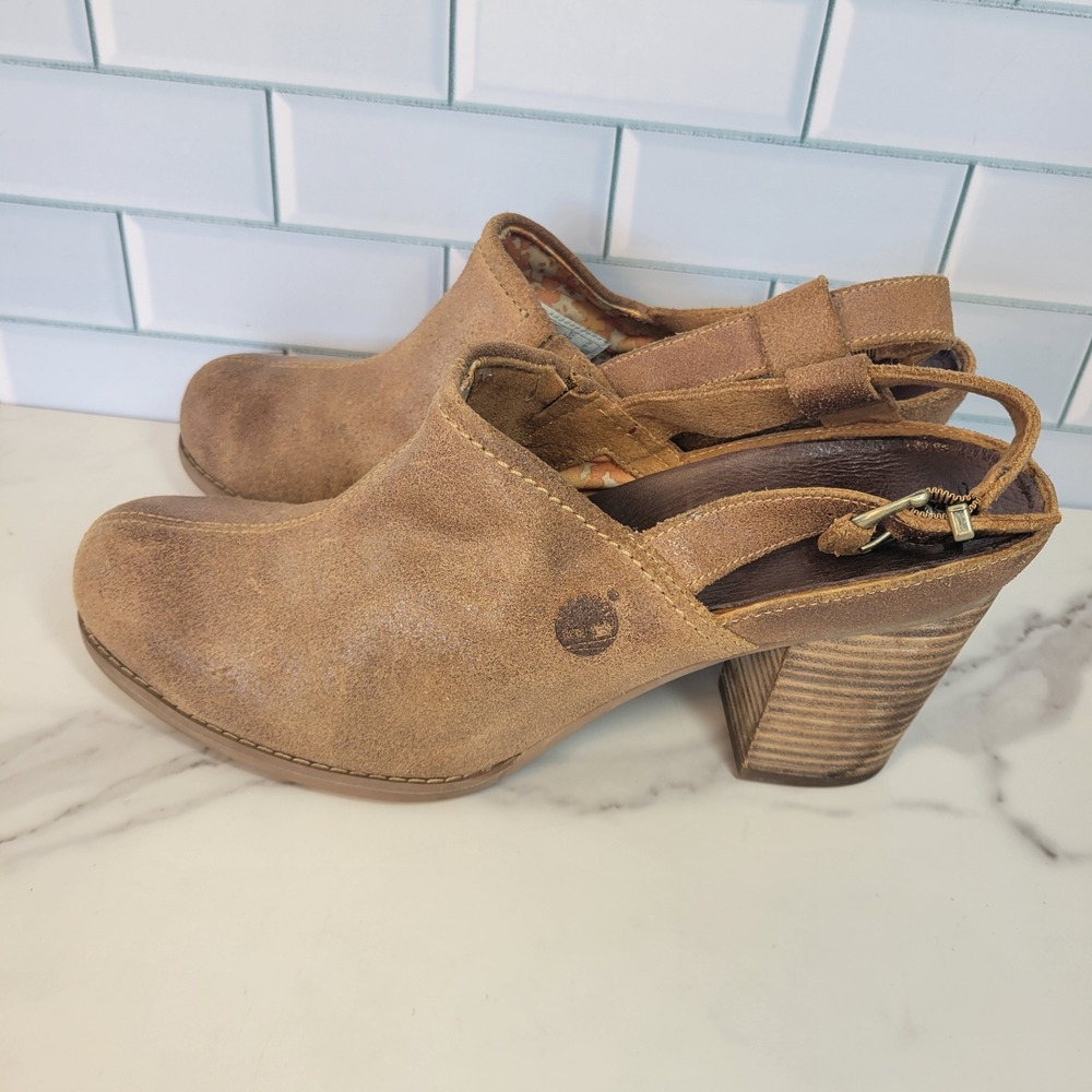 Timberland Earthkeeper Brown Leather Slingback Clog Block Heel‎ Womens Shoes 10